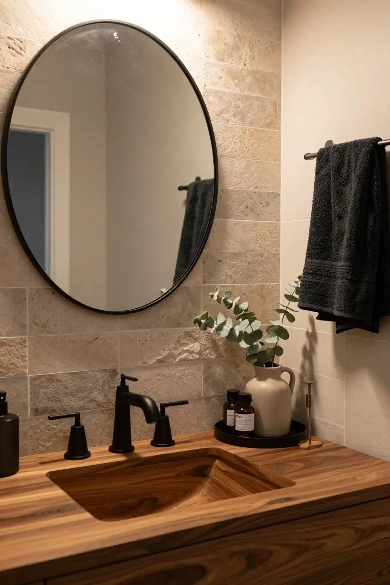 Bathroom with dark wood vanity featuring integrated curved sink, matte black faucets and handles, round black-framed mirror, beige stone tile walls, black towel on rack, soap dispenser, small bottles, and eucalyptus in a vase on counter.