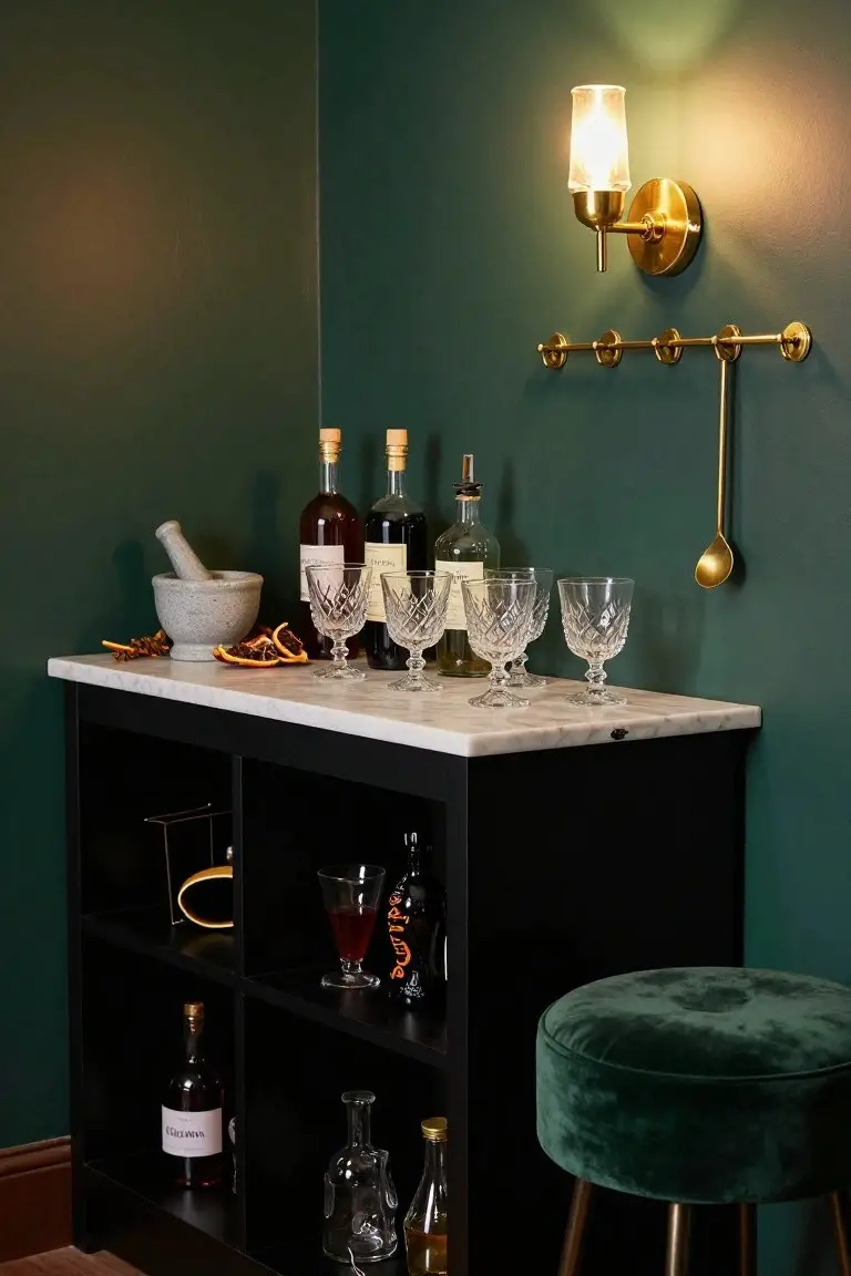 Corner indoor bar station featuring a black cabinet with marble top, emerald green walls, gold wall light and hardware, assorted liquor bottles, crystal glasses, mortar and pestle with orange peels, and a green velvet stool.