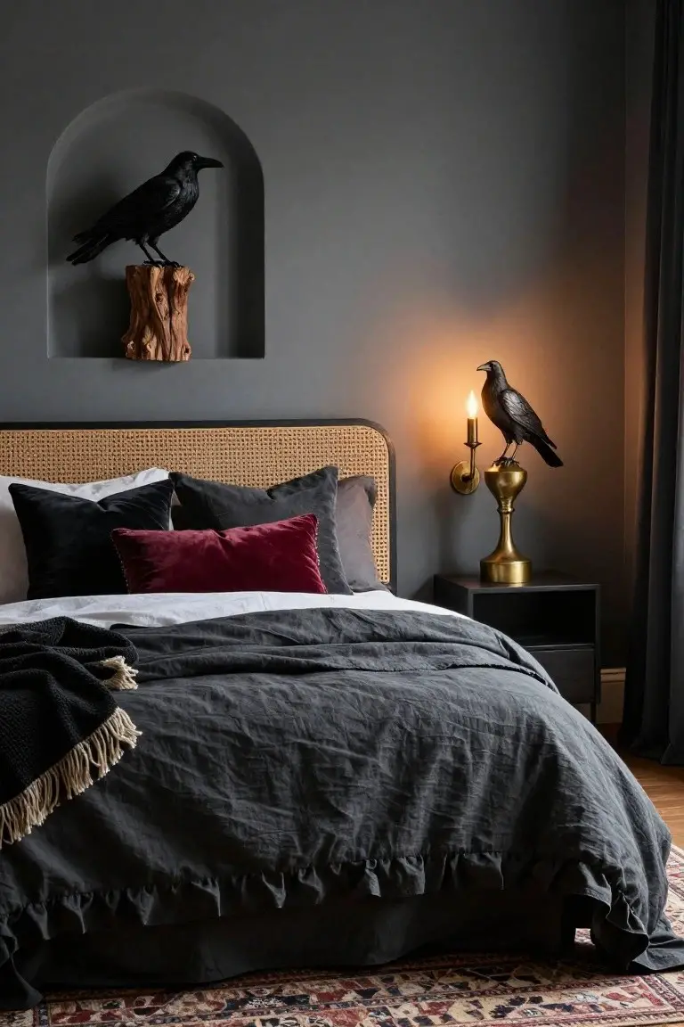 Dark gray bedroom with rattan headboard, white and gray pillows, black velvet pillows, maroon throw pillow, gray linen duvet, black nightstand holding gold candelabra with perched raven and lit candle, arched wall niche displaying black raven on tree stump, and patterned rug on wood floor.