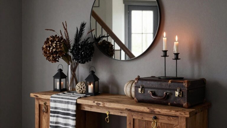 Rustic wooden console table in a beige entryway holds a white pumpkin, black lantern with candle, glass vase of dried brown flowers and black plumes, brass candlestick, and vintage black suitcase, with a round mirror and gold hook on the wall beside wooden stairs.