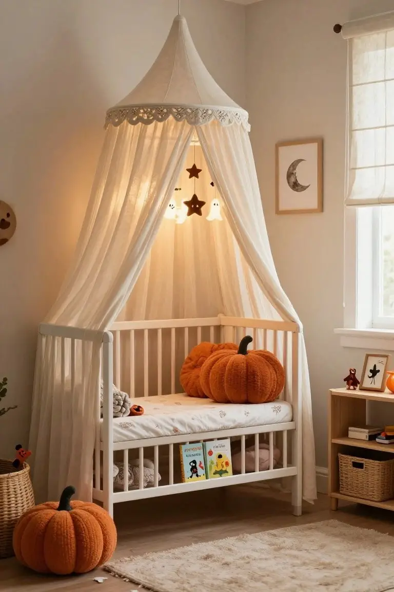 White wooden crib with sheer canopy draped over it, containing plush orange pumpkins and stuffed toys, Halloween mobiles hanging above, and additional pumpkins and decor in a beige nursery room.