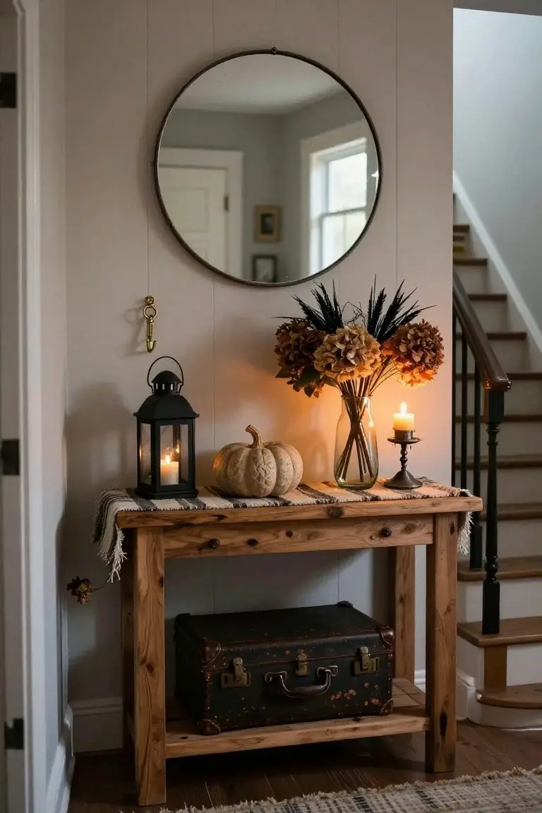 Rustic wooden console table in a beige entryway holds a white pumpkin, black lantern with candle, glass vase of dried brown flowers and black plumes, brass candlestick, and vintage black suitcase, with a round mirror and gold hook on the wall beside wooden stairs.