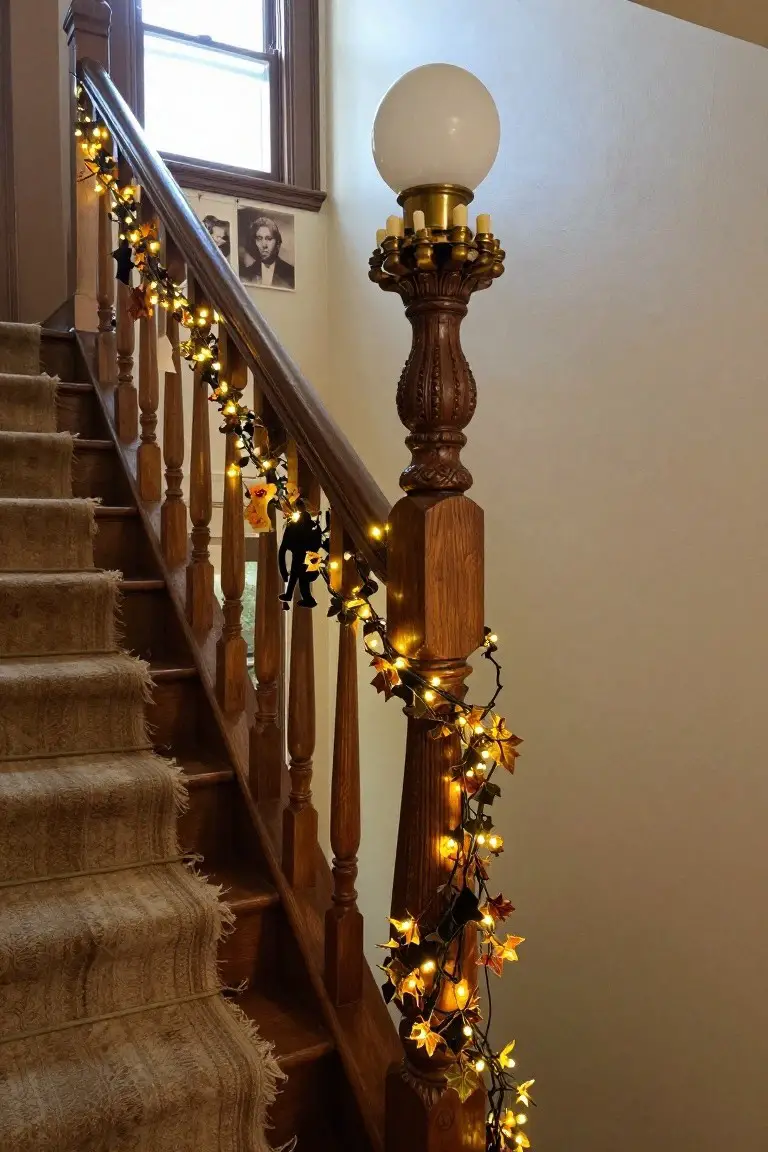 Wooden staircase with beige carpet runner, railing wrapped in orange lighted garland with autumn leaves and black silhouette figures, around a carved newel post with brass lamp fixture, beside a window and framed black-and-white photos.