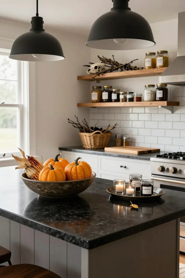 Kitchen island topped with a textured metal bowl holding orange pumpkins and cornstalks next to a tray of candles, in a white shiplap kitchen with black granite counters, subway tile backsplash, wood shelves stocked with jars and a skull, and black pendant lights overhead.