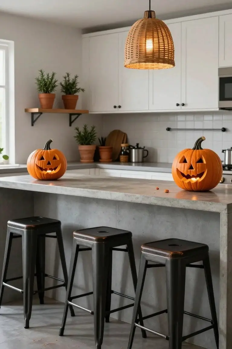 Modern kitchen interior with white cabinets, gray concrete island, three black metal bar stools, two large lit jack-o'-lantern pumpkins on the island, one smaller on a shelf, plants in terracotta pots, and woven pendant light overhead.
