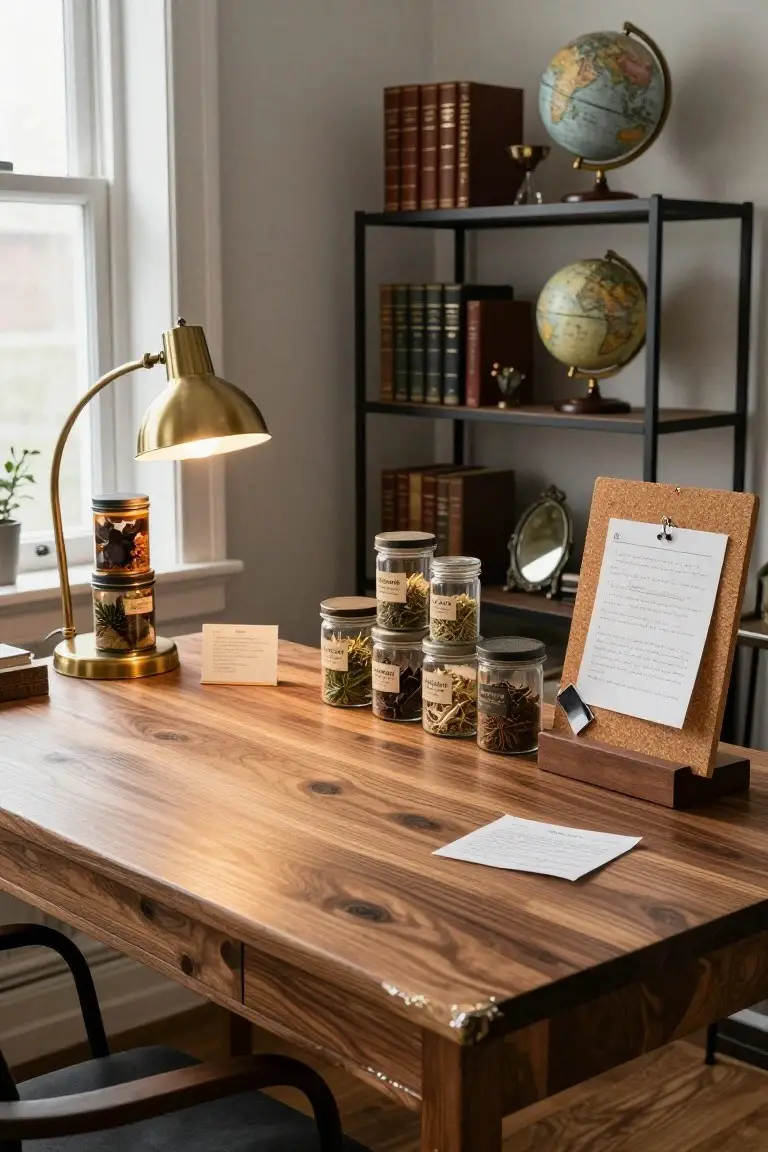 Wooden desk in a cozy room holding stacked and grouped glass jars filled with dried herbs, plants, and spices, beside a gold desk lamp and papers, with black metal shelves displaying books and globes in the background.