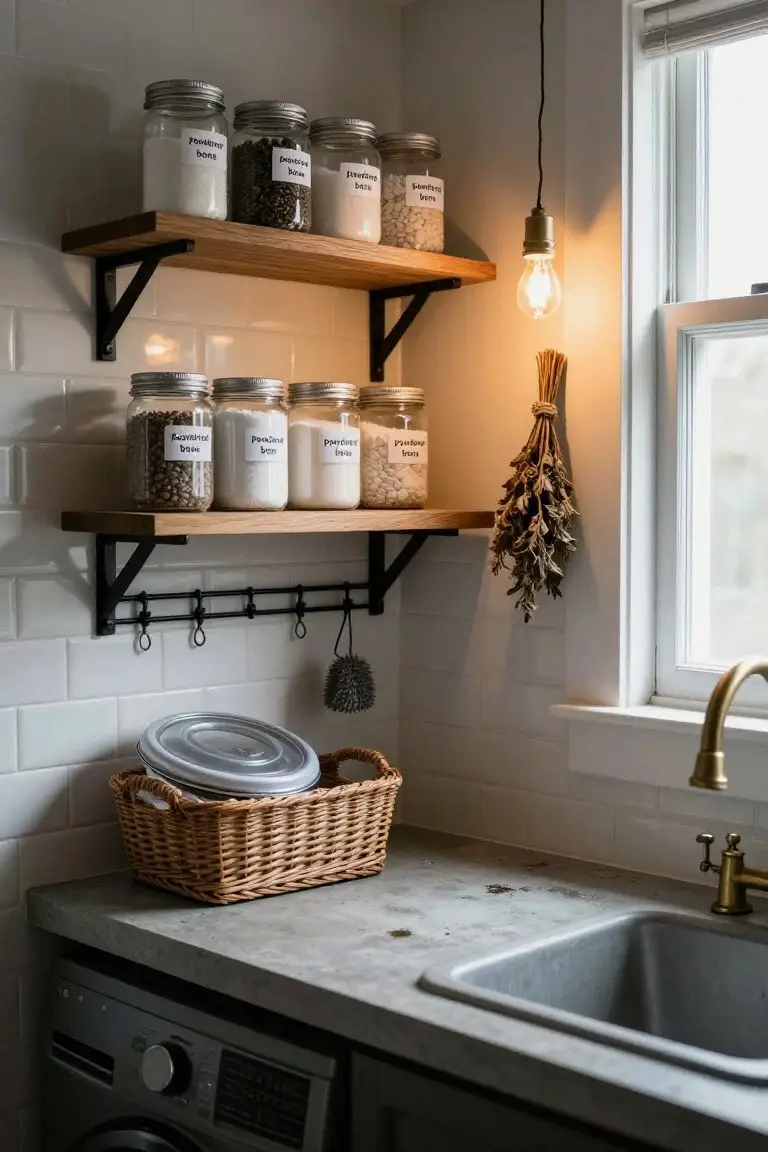 Kitchen corner with wooden shelves holding labeled glass jars of spices and beans, a hanging bulb light, dried herbs, a wicker basket on the counter, sink, and washing machine.