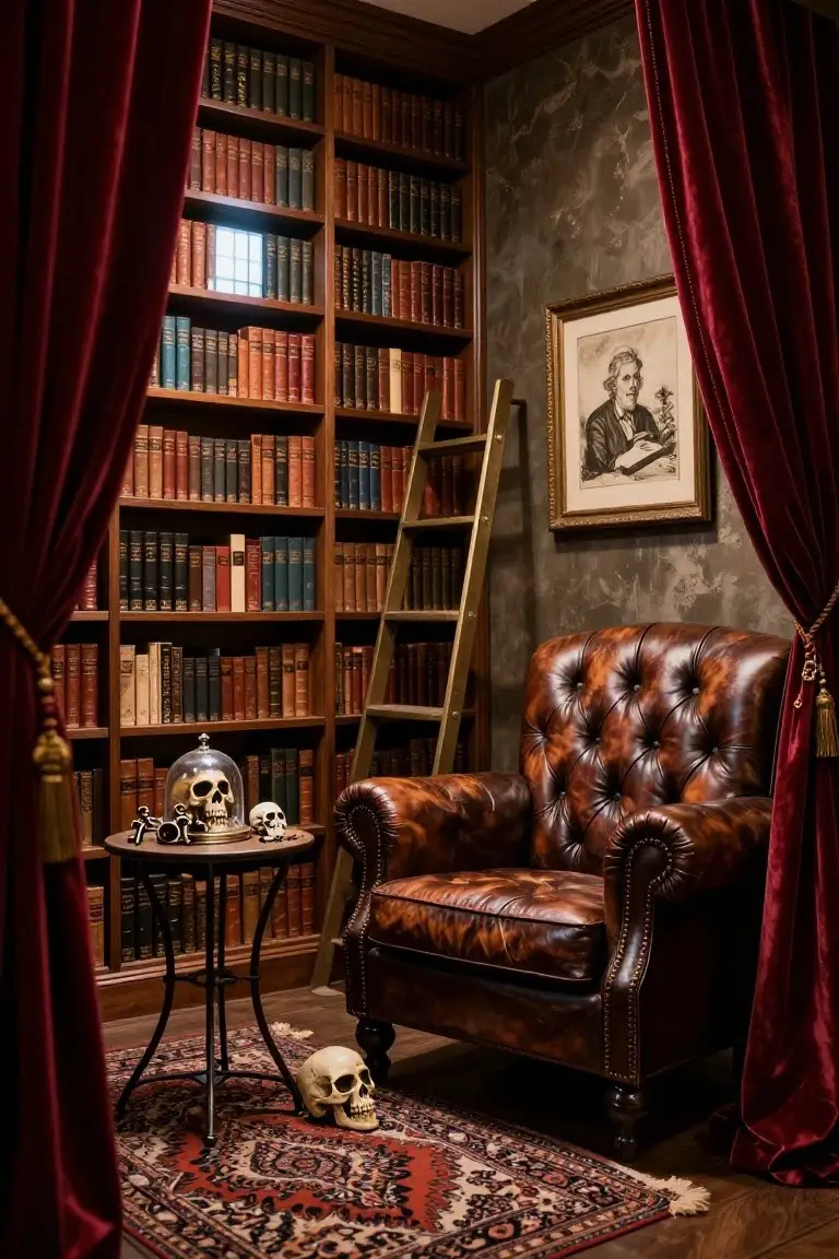 Dimly lit corner of a library room with wooden bookshelves filled with books, red velvet curtains, a rolling ladder, brown tufted leather armchair, black metal side table holding glass-domed skulls and small skull props, and a red patterned rug on the wood floor.