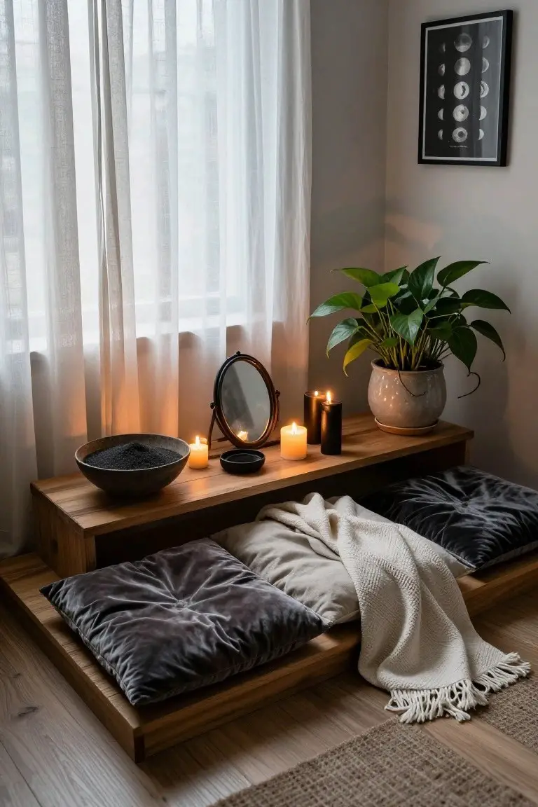 Indoor corner setup with wooden raised platform holding purple velvet cushions and beige throw, topped shelf displaying black sand bowl, multiple candles, black dish, round mirror, potted green plant, and moon phases poster against sheer curtains and light wood floor.