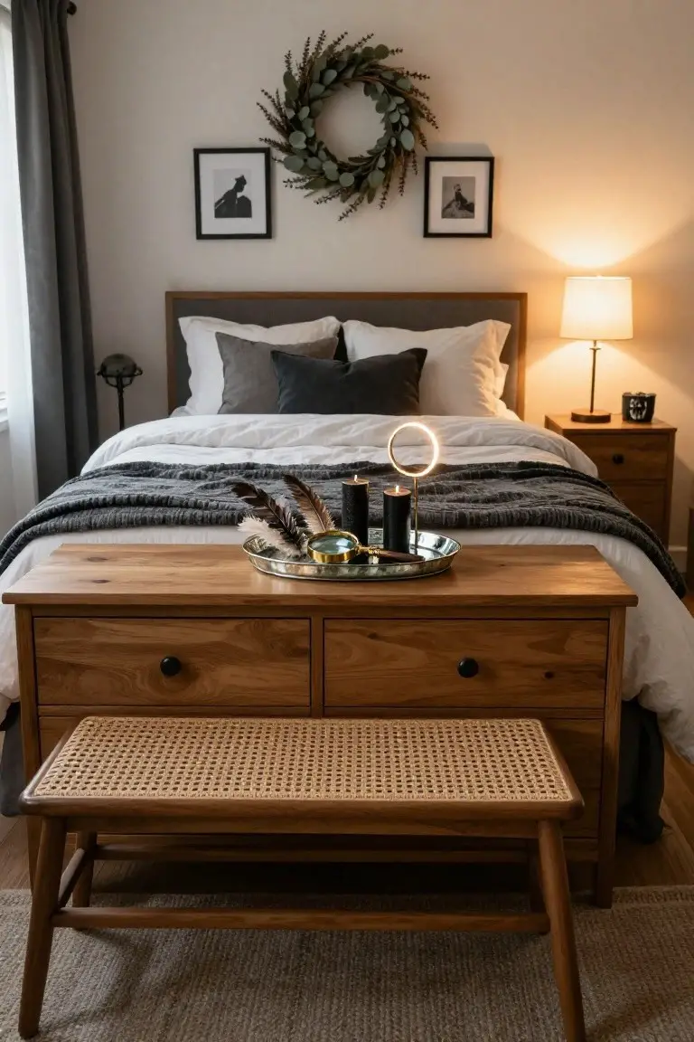 Bedroom interior featuring a wooden bed with gray and white bedding, a wooden dresser at the foot topped with a brass tray holding black candles, feathers, and a magnifying glass, eucalyptus wreath on wall, black-and-white photos, and lamps.