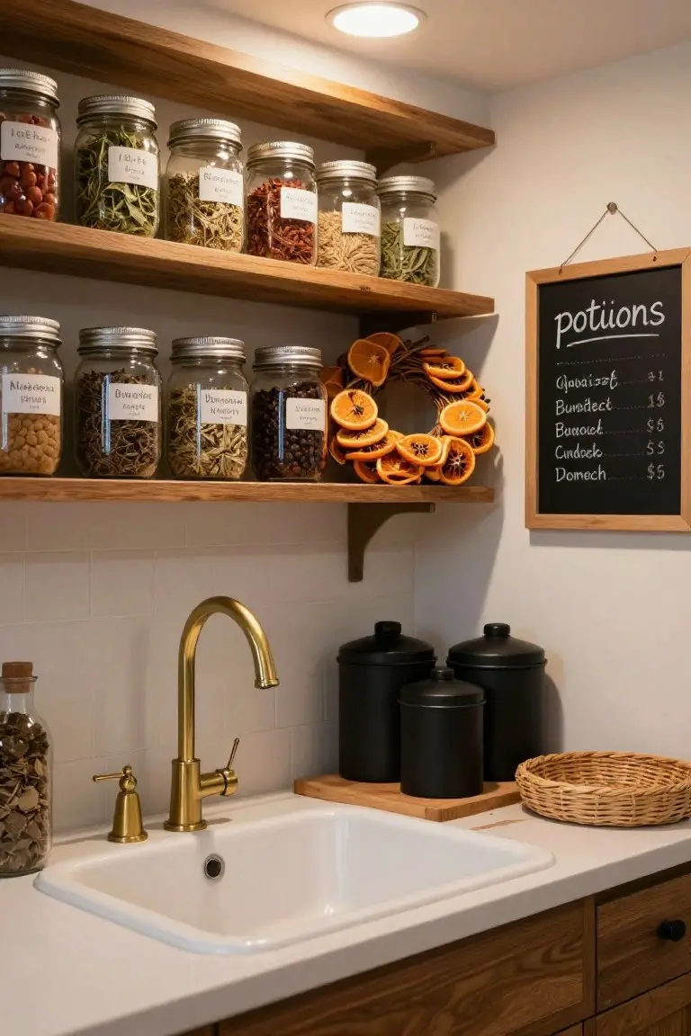 Wooden open shelves above a white sink with gold faucet, stocked with labeled glass jars of dried herbs, beans, and spices, black canisters on counter, woven basket, and chalkboard menu titled 