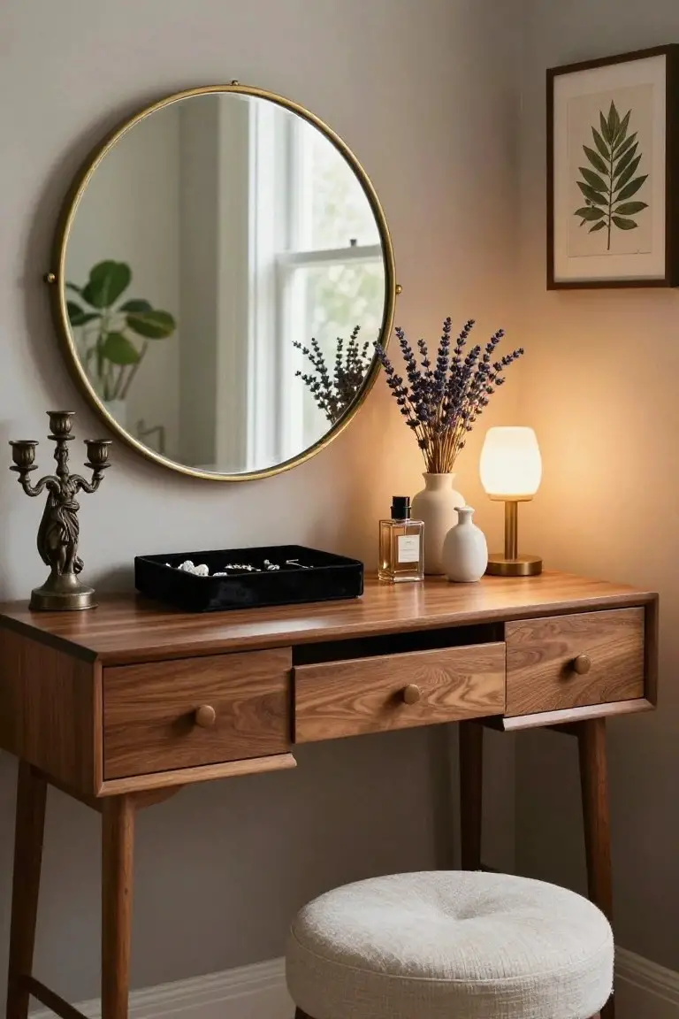 Wooden mid-century vanity desk with three drawers in a bedroom corner, topped with black jewelry tray, perfume bottle, white vase of lavender, and small white ceramic vase next to brass table lamp, ornate brass three-arm candelabra beside it, large round brass-framed mirror on wall, white fabric pouf stool, against light gray wall with leaf print artwork and window.