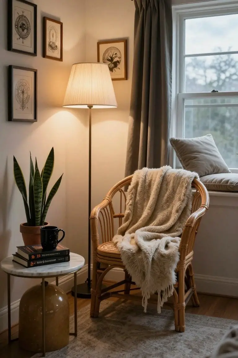 Cozy indoor corner featuring a rattan armchair with beige throw blanket on a window seat, floor lamp, marble side table with books and black mug, potted snake plant, and framed botanical prints on white walls.