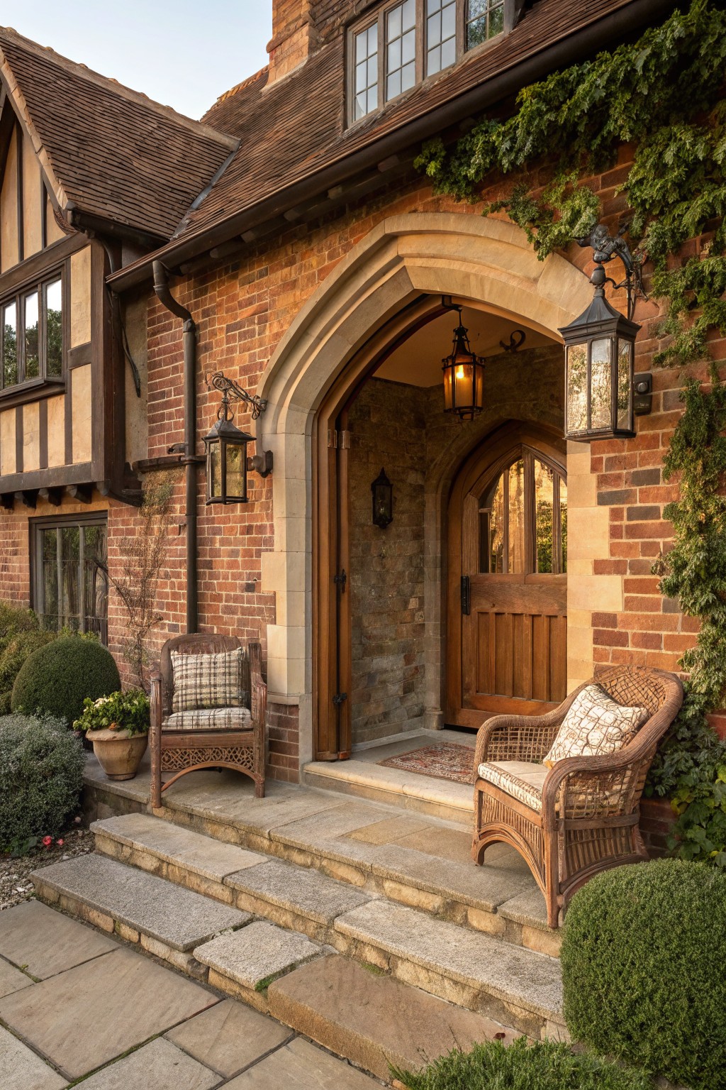 Brown brick Tudor-style house exterior featuring an arched stone entryway with wooden double doors, flanked by lanterns, two wicker chairs with cushions on the stone steps, potted plants, and ivy-covered walls.