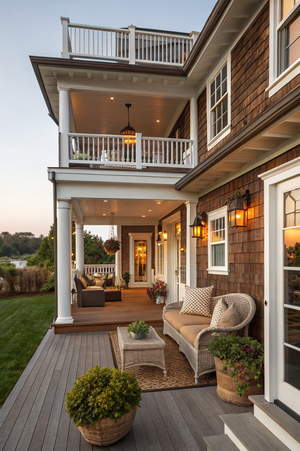 Tall brown shingled house exterior with white columns supporting multi-level porches and balcony, lower deck with wicker sofa, chairs, table, rug, potted plants, lanterns, lawn, and water in background.