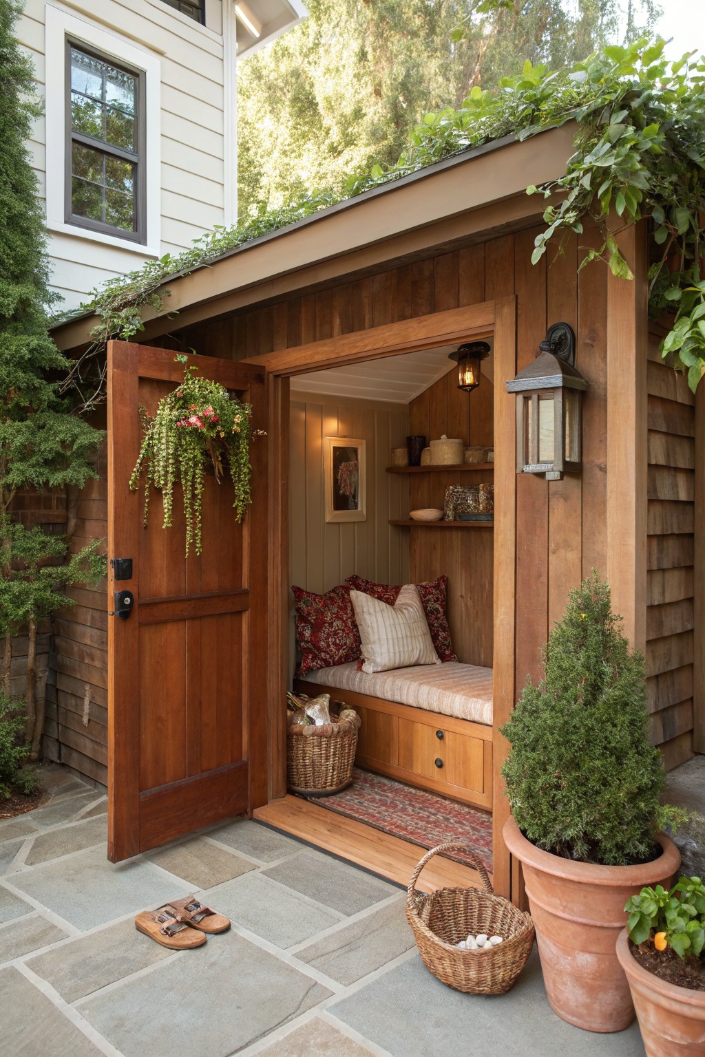 Wooden shingle-style porch structure with open door revealing built-in bench cushions, pillows, shelves, and baskets inside, surrounded by potted plants and ivy on a stone patio.