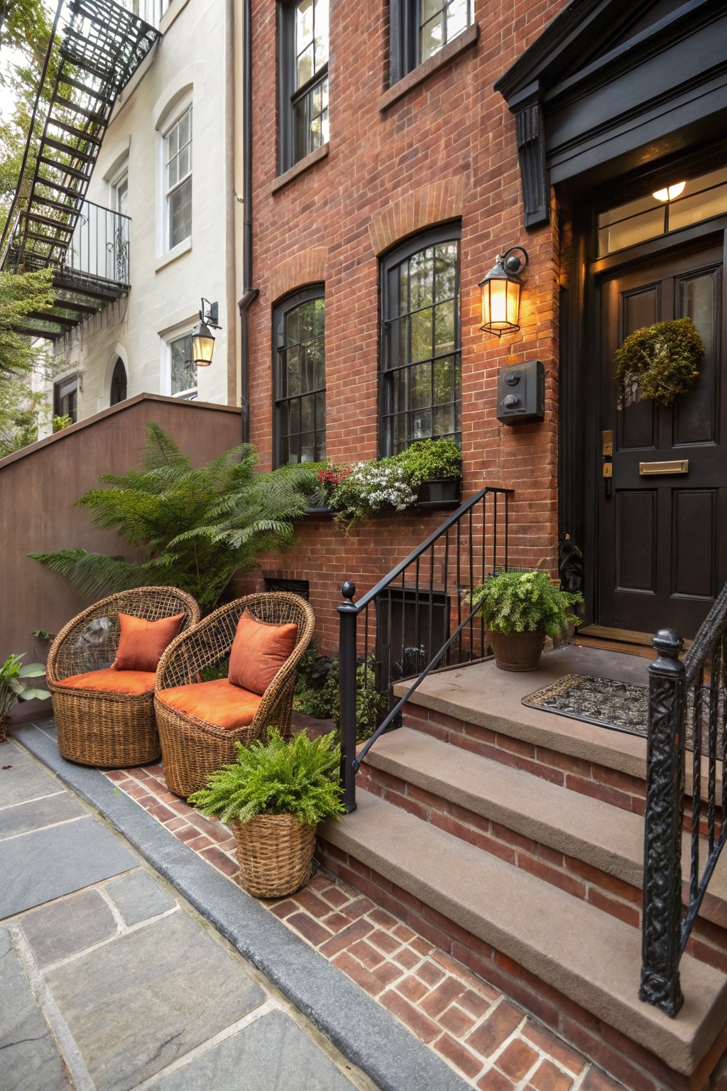 Brown brick rowhouse facade with black front door and windows, concrete steps with black railing leading to entry, two wicker chairs with orange cushions on slate sidewalk at base of steps, potted plants, window boxes, and lit lanterns.