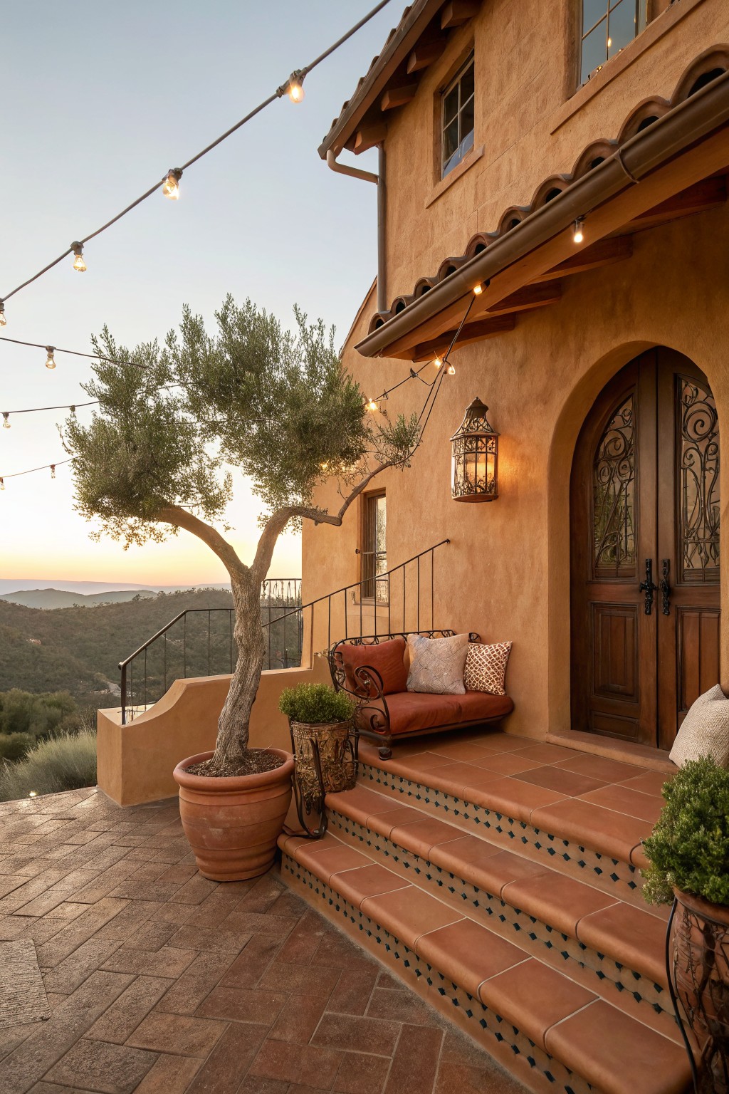 Brown stucco house exterior entry porch with terracotta tiled steps, curved red bench with pillows and throw, large potted olive tree, string lights overhead, wrought iron lantern, arched wooden door with ironwork, and view of hills at sunset.