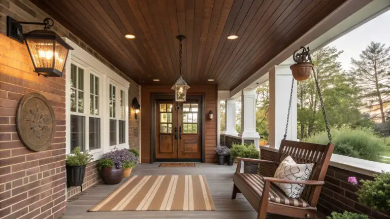 Brown shingle-sided house with covered front porch featuring horizontal wood plank ceiling, multiple hanging and wall lanterns, glass-paneled wood front door, loveseat and chair with pillows, potted plants, striped outdoor rug, and large hanging planter.