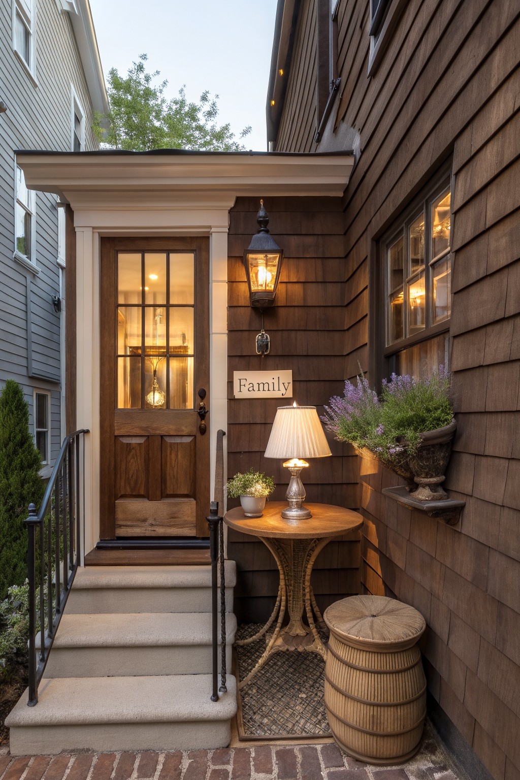 Brown shingle siding on a house exterior with a wooden front door featuring glass panels, a small round table holding a lamp and plant on the porch landing, lanterns flanking the door, potted lavender in a wall urn, steps with black railing, and a wicker stool nearby.