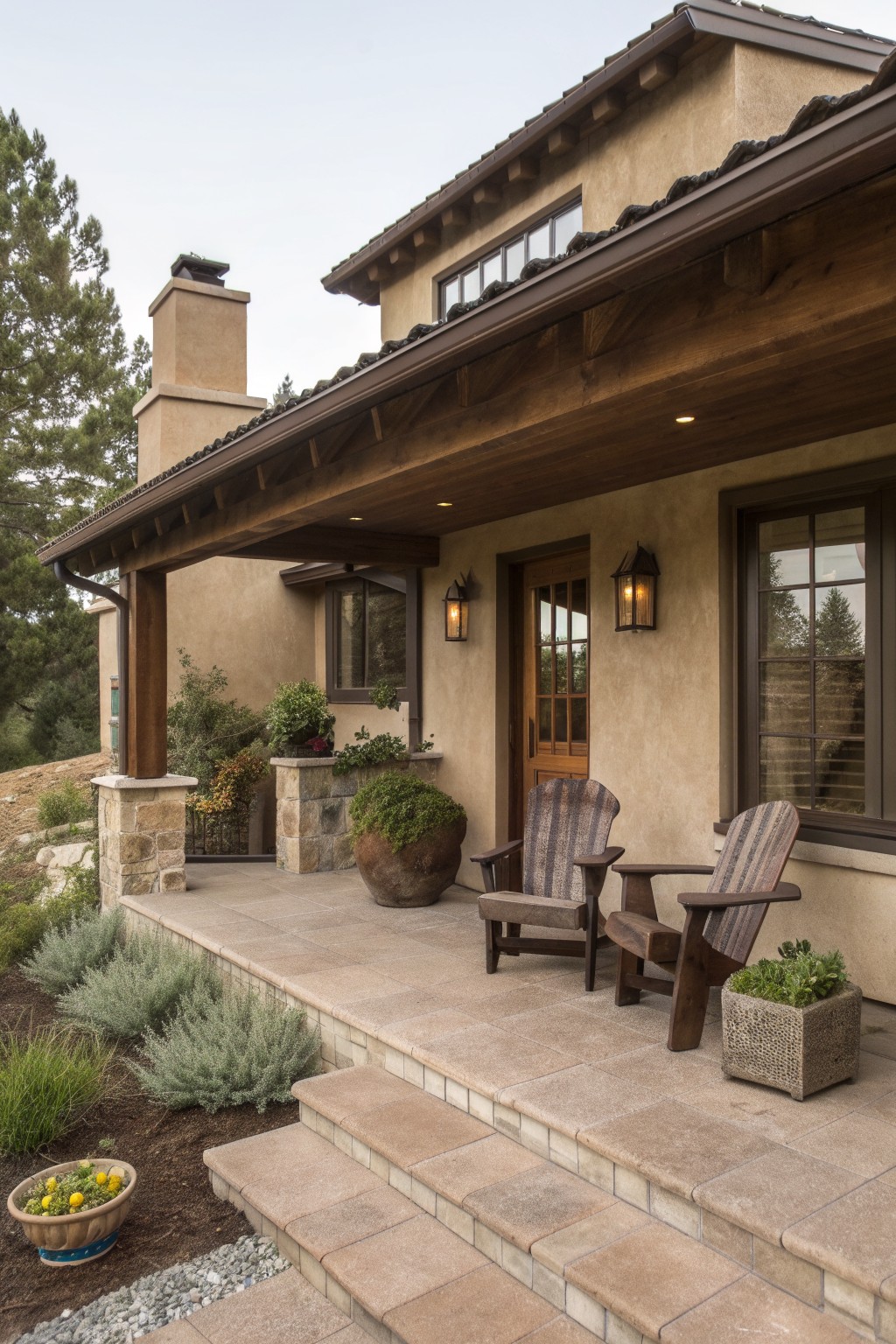 Beige stucco house exterior with covered wooden-beamed porch, two striped Adirondack chairs and small table, large terracotta pots with plants, stone pillars, lanterns flanking wooden door, tiled floor, and steps leading down to gravel path surrounded by low shrubs and pine trees.