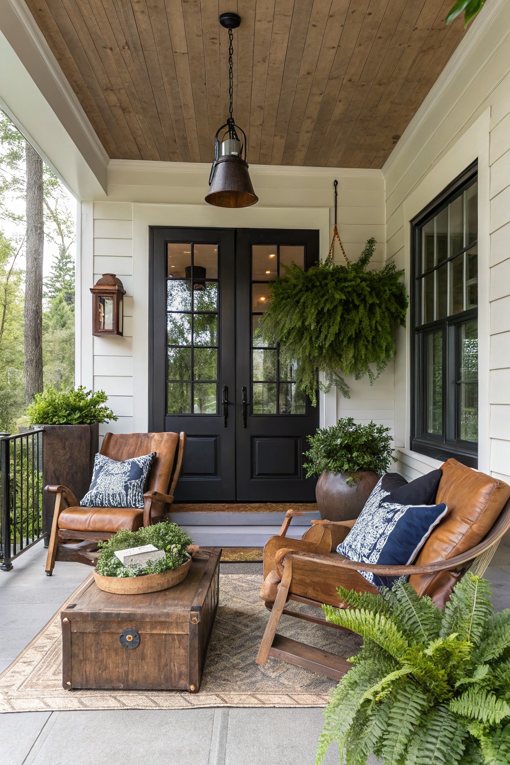 Covered porch featuring two brown leather armchairs with wood arms around a wooden trunk coffee table, potted plants, hanging ferns, black double doors, and a wood plank ceiling on a white shiplap house exterior.