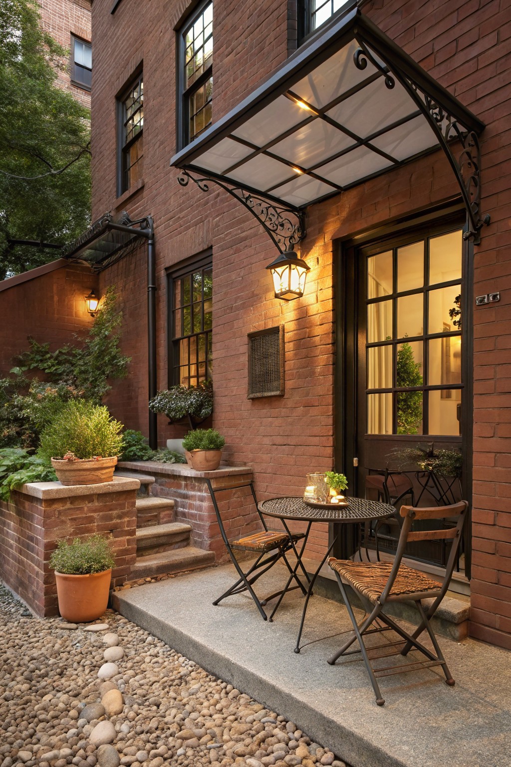 Brown brick house exterior with metal awning over glass door, small round metal table and two folding chairs on concrete porch step, potted plants, lanterns, and gravel path nearby.