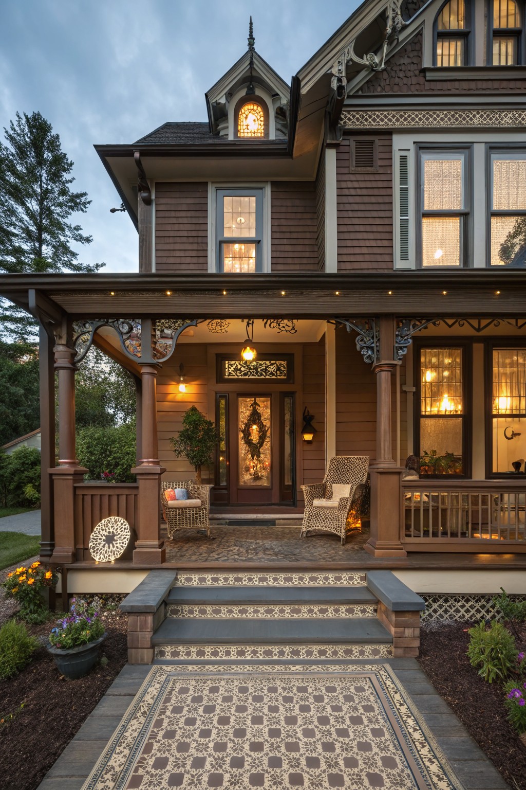 Evening photo of a two-story brown shingled Victorian house with ornate covered porch featuring carved brackets, columns, spindle railing, wicker chairs, potted plants, stained glass transom, tiled steps, and patterned walkway bordered by mulch and flowers.