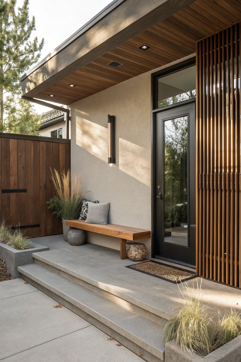 Beige stucco house exterior with wooden bench and pillows on concrete porch steps next to a black door screened by vertical wood slats, potted grasses and stone pots nearby.