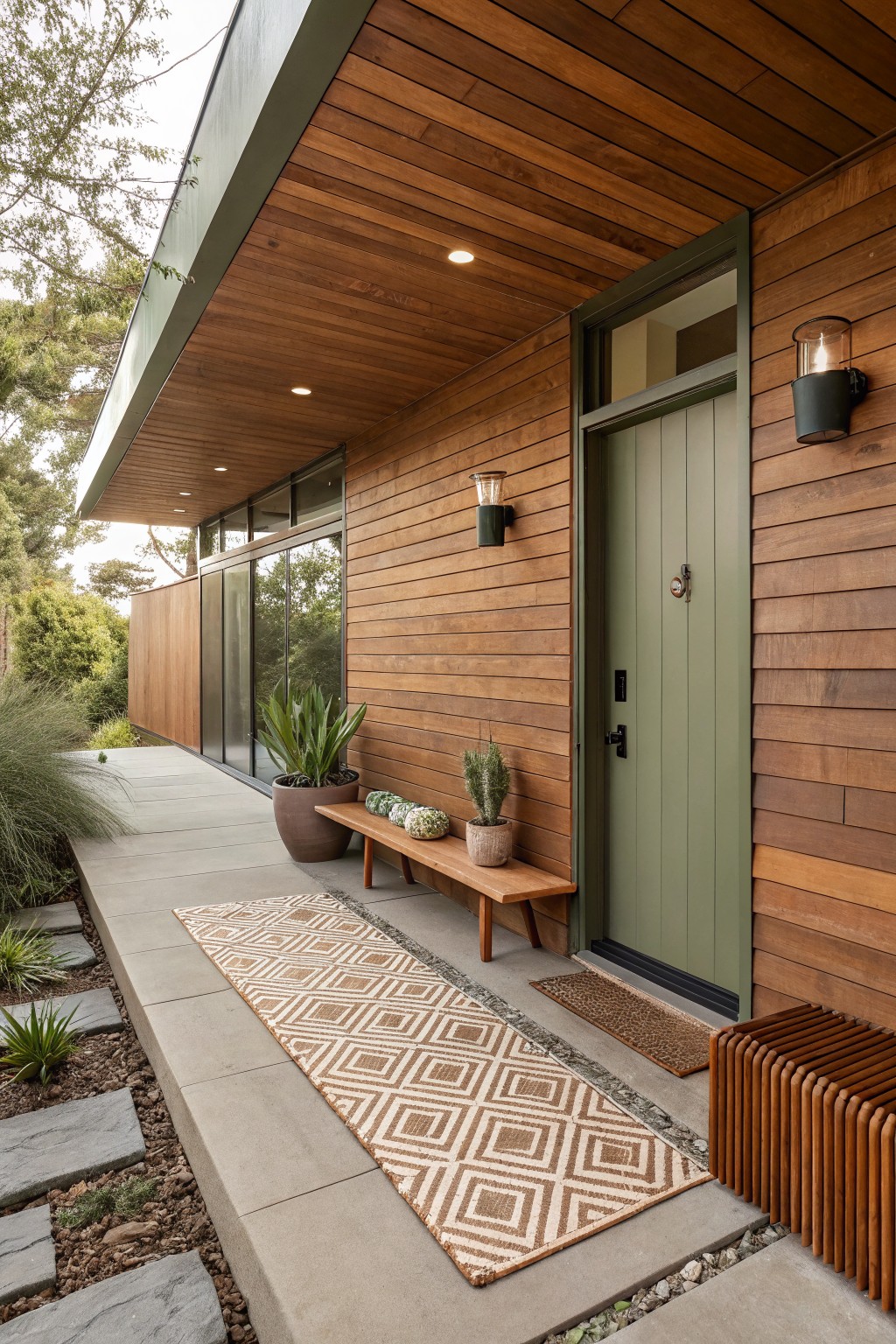 Brown wooden house exterior with horizontal siding, overhanging roof, green front door, wooden bench with cushions, potted plants, outdoor rug on concrete pathway, and surrounding landscaping.