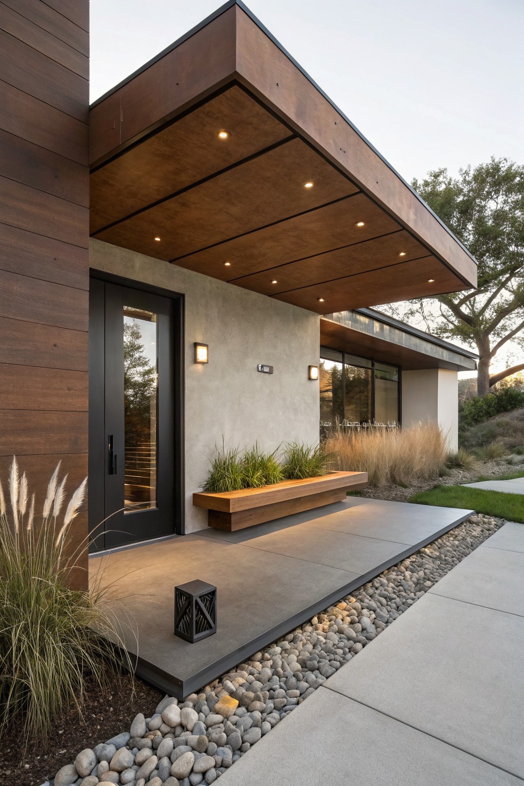 Modern house exterior featuring brown wood vertical siding, cantilevered wooden porch overhang with recessed lights, stucco wall, black front door with glass panel, wooden bench planter with grasses, pampas grass, lantern light, concrete entry slab, and pebble ground cover beside driveway.