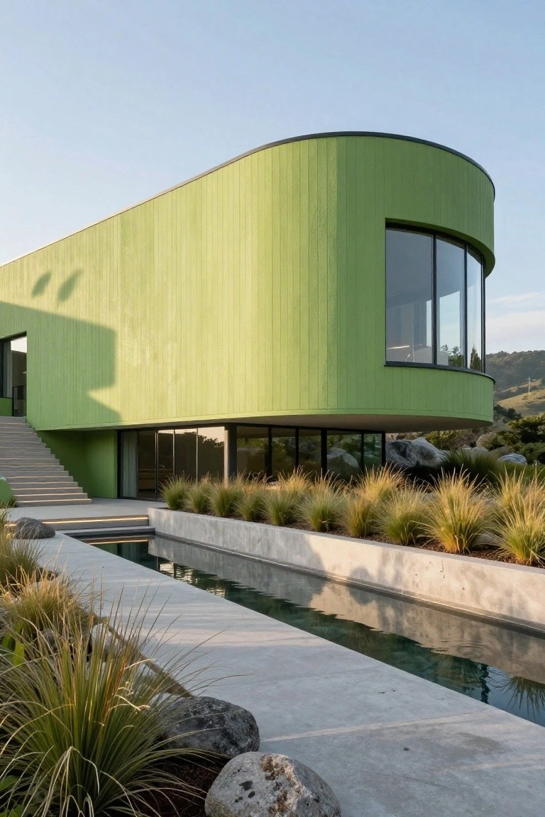 Modern green house with curved lime green vertical cladding, large curved window, entry stairs leading to glass doors, concrete path with reflecting pool, grasses, rocks, and hills in the background.