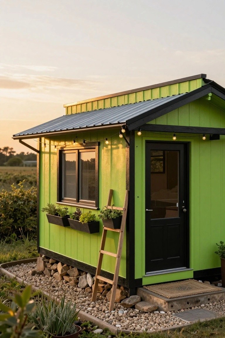 Small lime green wooden cabin with dark metal roof, black door and window frames, potted plants in window boxes, wooden ladder leaning nearby, string lights along the eaves, and gravel landscaping with rocks and shrubs at sunset.