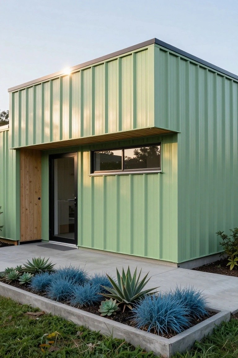 Compact house with lime green corrugated metal siding, wooden entry frame around a glass door, narrow side window, and concrete planter bed filled with agave plants and blue grasses in front.