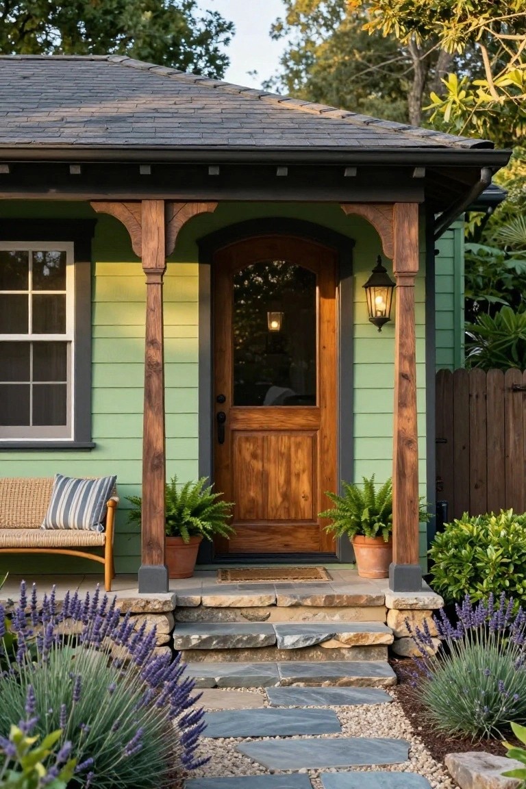Mint green house exterior with wooden porch posts, arched wooden entry door, lantern light, potted ferns, wicker bench with cushions, and lavender plants along stone steps leading to a gravel path.