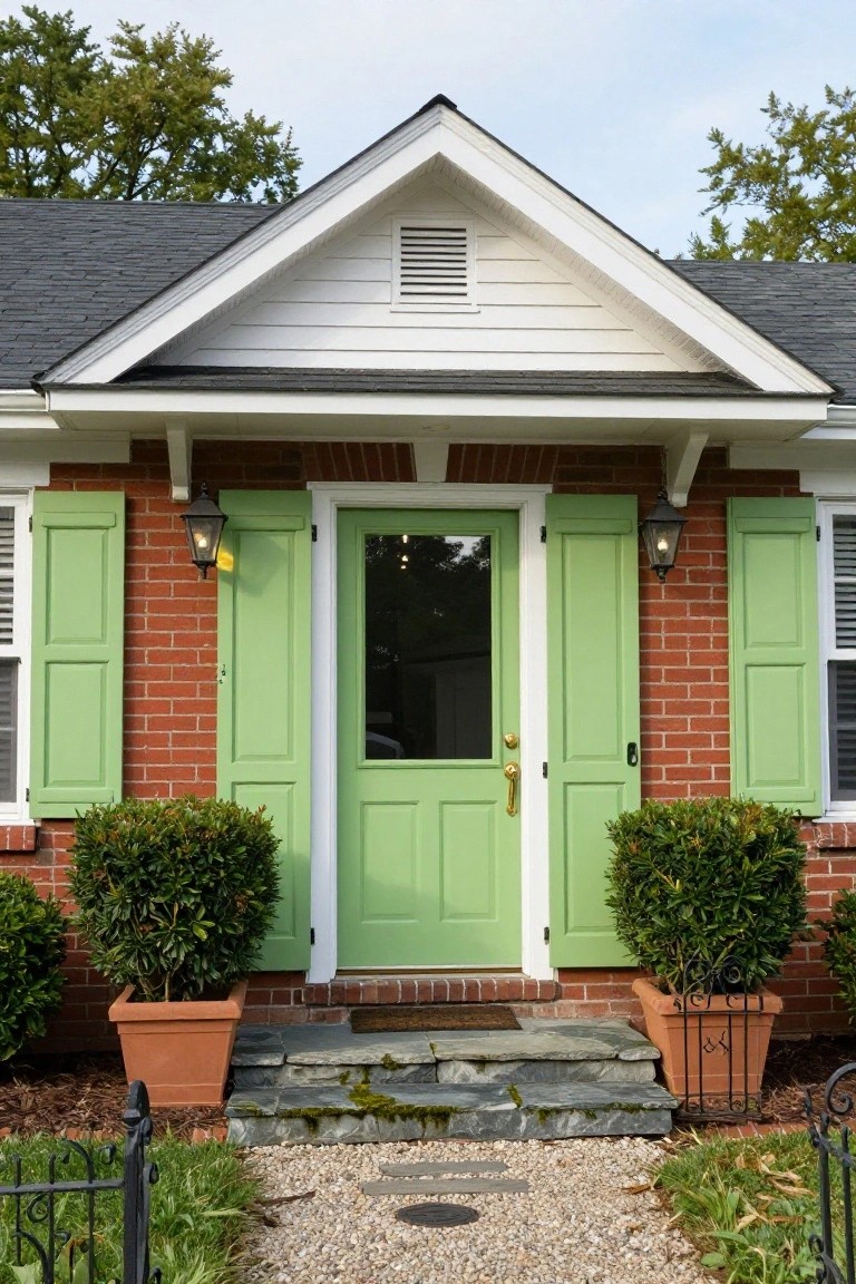 Front view of a brick house with white trim, lime green front door and matching shutters, black lanterns on each side, potted boxwood plants, and stone steps leading to a gravel path.