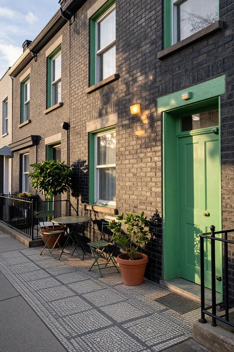 Dark brick townhouses with lime green front door, window frames, potted plants, and folding chairs on mosaic tile sidewalk.