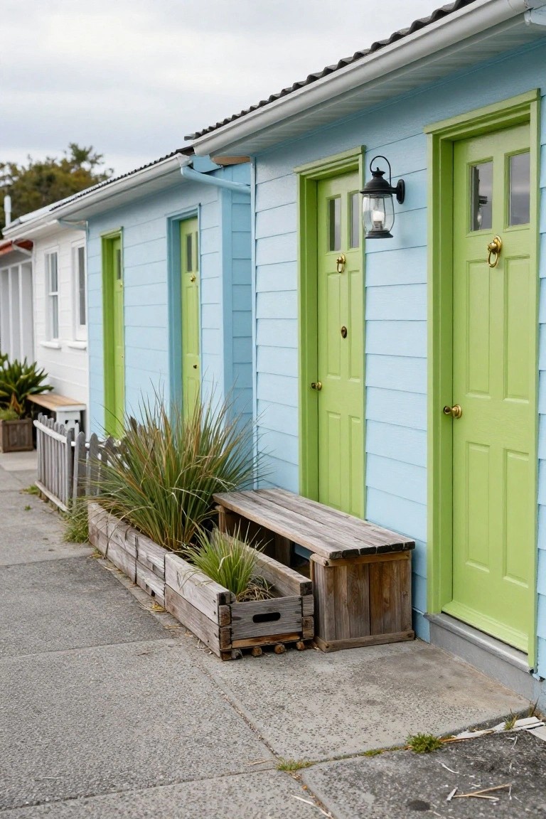 Lime Green Doors on Light Blue Siding