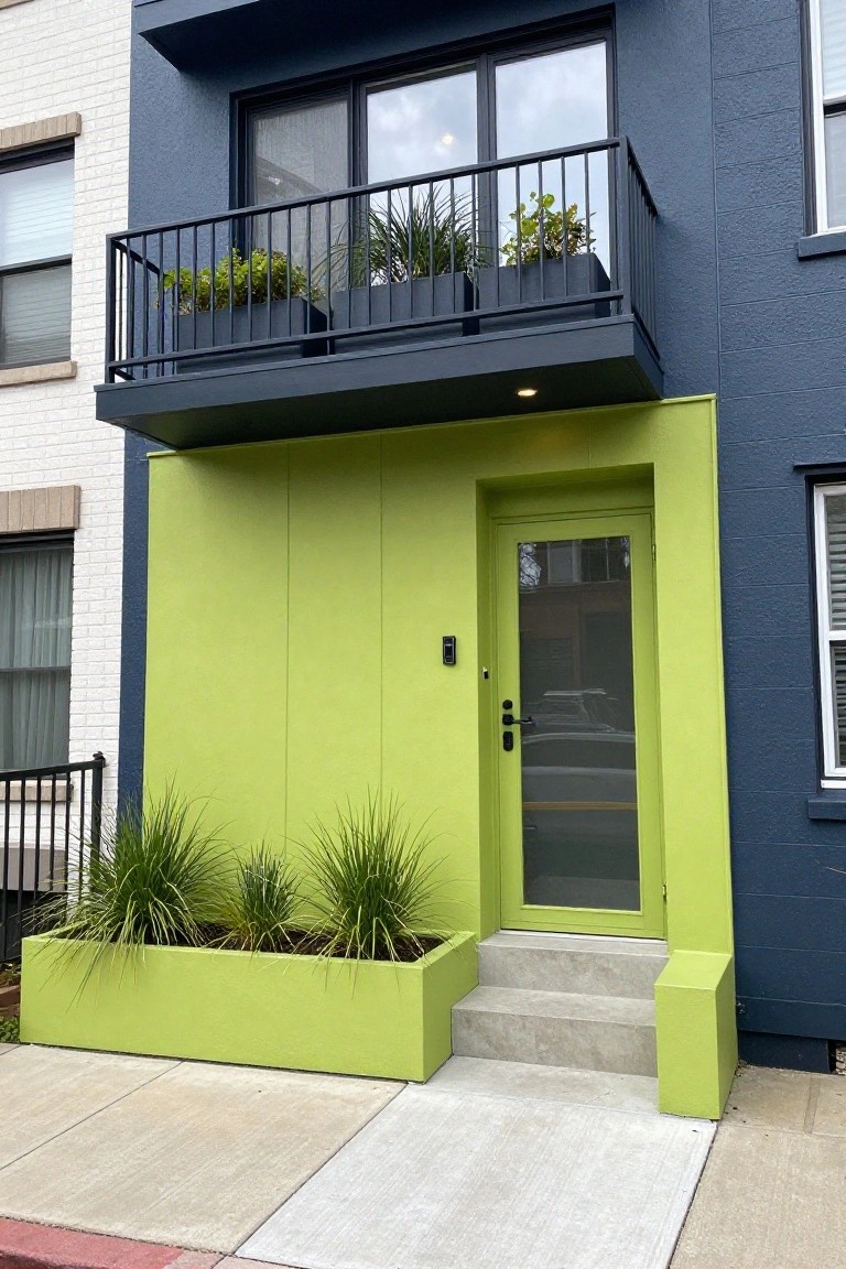 Townhouse exterior with lime green front door and panels, navy blue side wall, white brick neighboring facade, balcony with plants above, and grass plants in green planters at ground level.