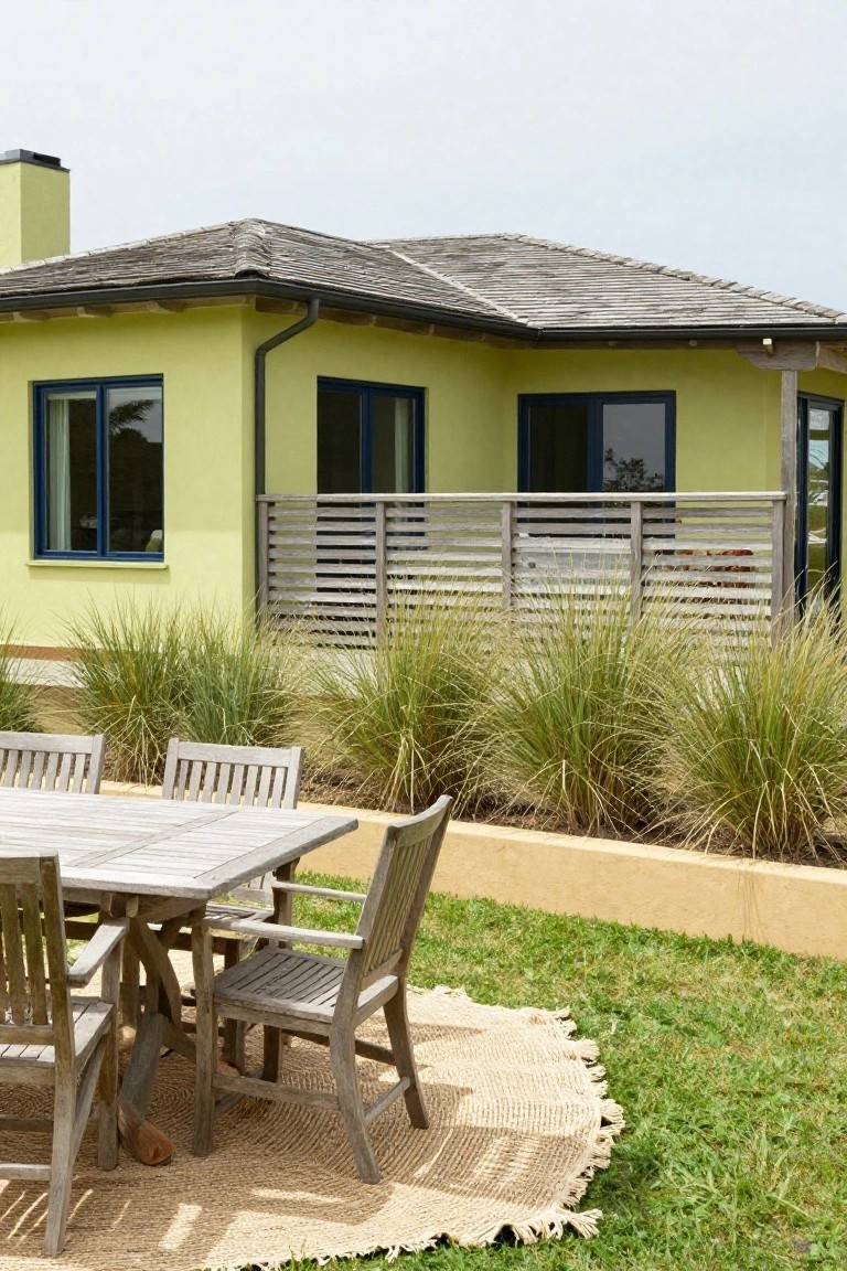 Side view of a lime green house with blue-framed windows, shingle roof, slatted wood balcony, raised beds of ornamental grasses, and wooden dining table with chairs on a seagrass rug in the adjacent yard.