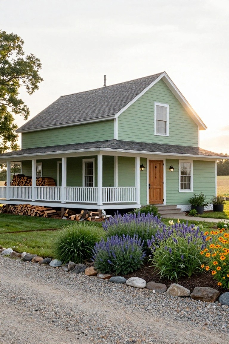 Two-story lime green clapboard house with white trim, wraparound porch, wooden front door, stacked firewood, flower beds, and gravel driveway bordered by rocks.