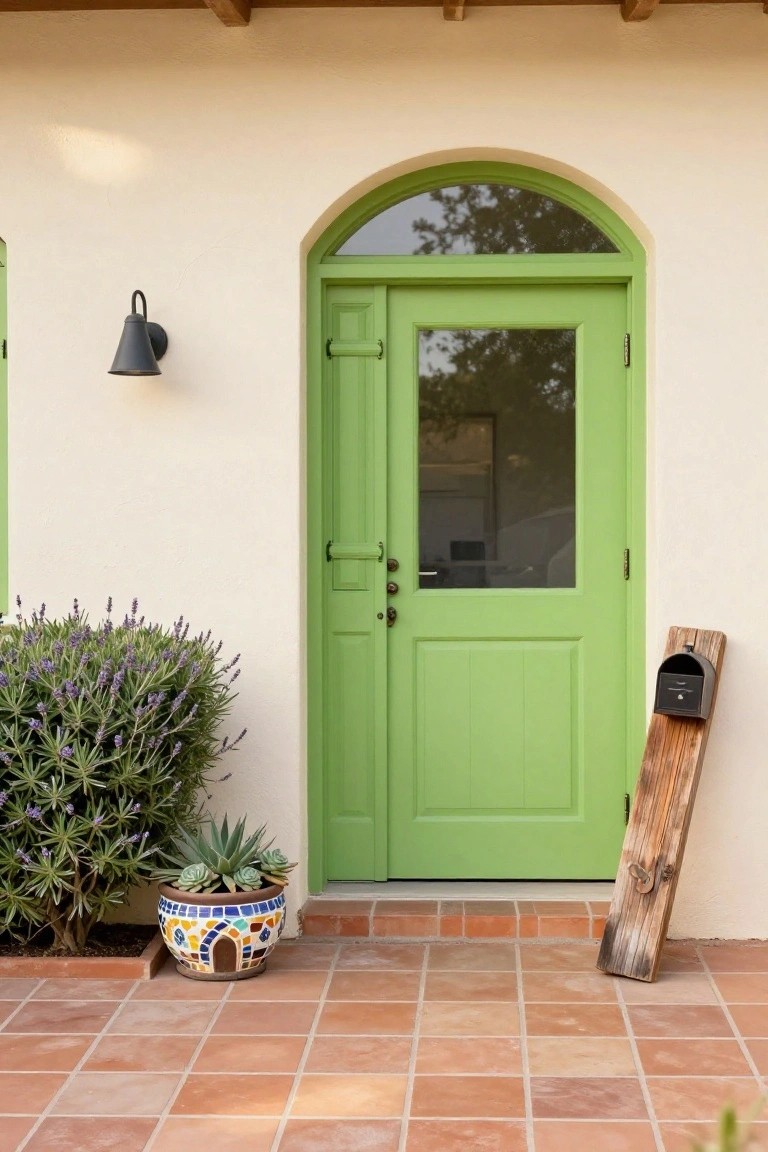 White stucco house exterior featuring an arched lime green front door with glass panel, black wall lantern, lavender shrubs, colorful terracotta pot with succulent, black mailbox, and leaning wooden post on terracotta tiled entry.