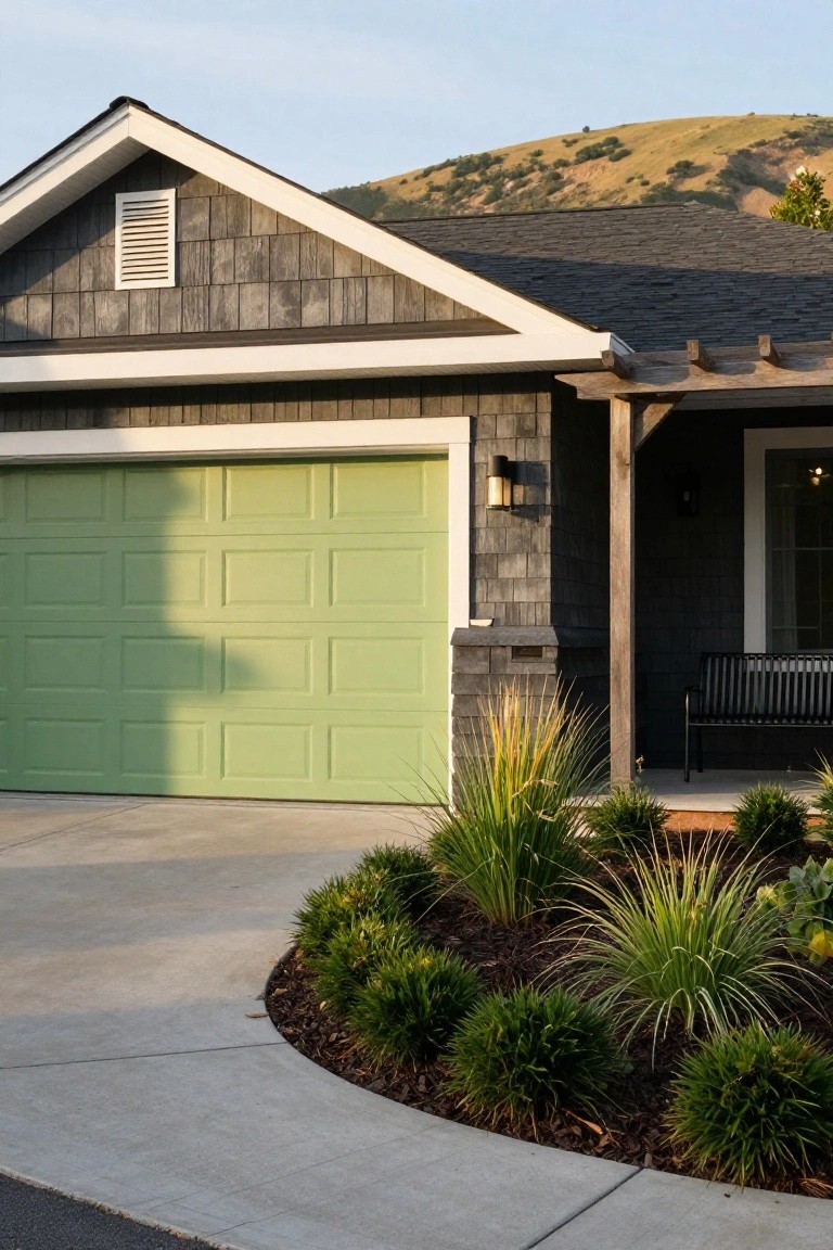 House exterior featuring dark gray shingle siding, lime green paneled garage door, wooden porch with black bench, curved landscaping bed with grasses and shrubs, concrete driveway, and hillside background at sunset.