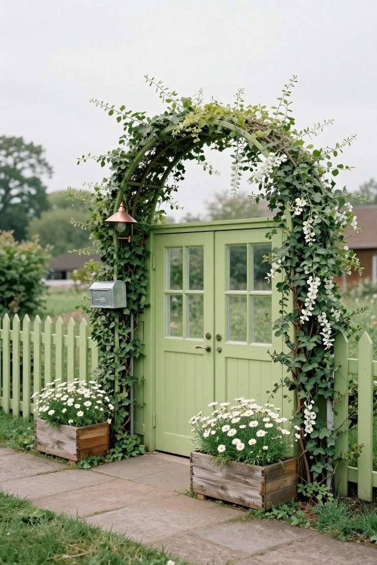Lime green double doors with glass panels under an ivy-covered archway, with a copper lantern, metal mailbox, white daisies in wooden boxes, and green picket fence.