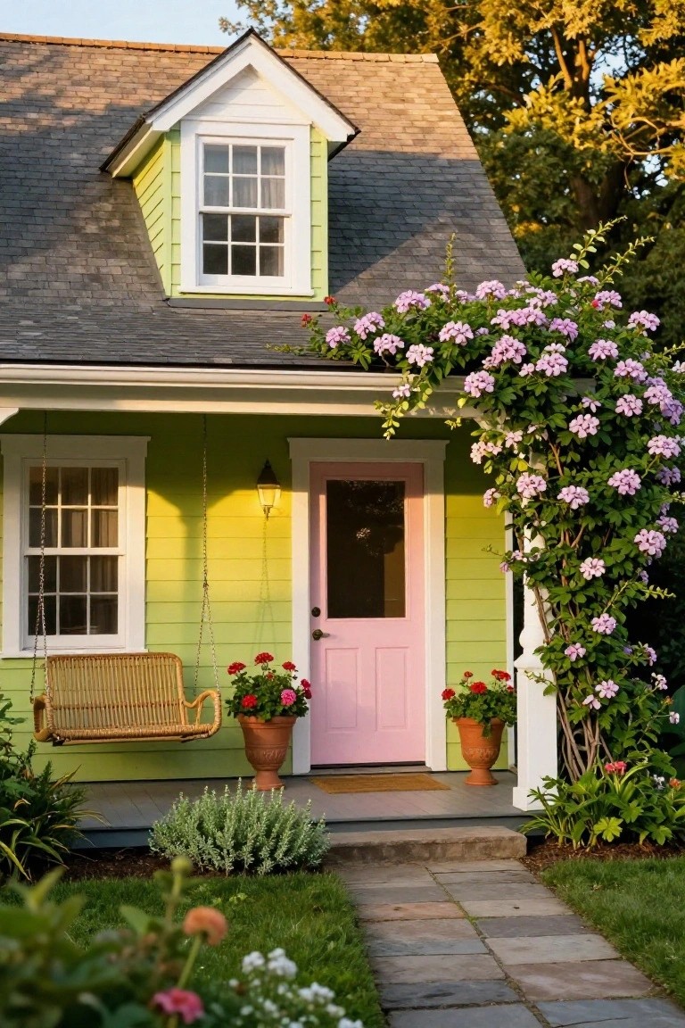 Lime green cottage house with gabled dormer, pink front door, wicker porch swing, purple climbing flowers on porch post, red geranium pots flanking door, stone pathway, and surrounding garden plantings.