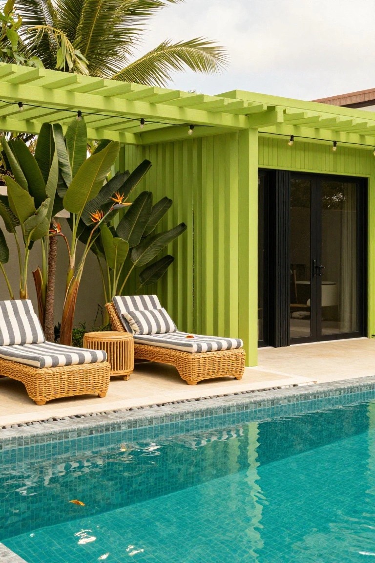 Lime green vertical board pool house with green pergola overhead, two rattan lounge chairs with striped cushions, tropical plants, and turquoise tiled pool in foreground.
