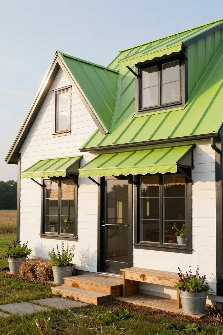 Small white clapboard house with lime green metal gable roof and awnings over windows and entry door, black-framed windows, wooden steps and bench at front, potted plants and hay bales in grassy yard.