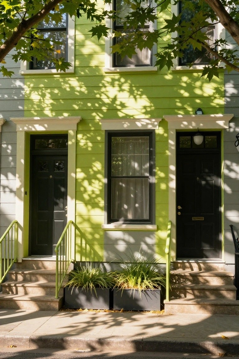 A lime green rowhouse exterior with black front doors, a central curtained window, green railings on concrete steps, grass in black planters, and overhanging tree branches.