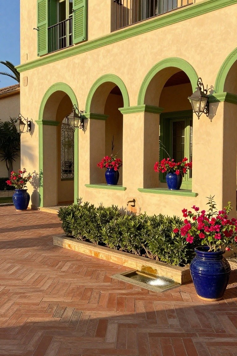 Pale yellow stucco house exterior with lime green trim on arches, shutters, and window frames, blue pottery with red bougainvillea flowers, boxwood hedge, brick paver walkway, and a small fountain.