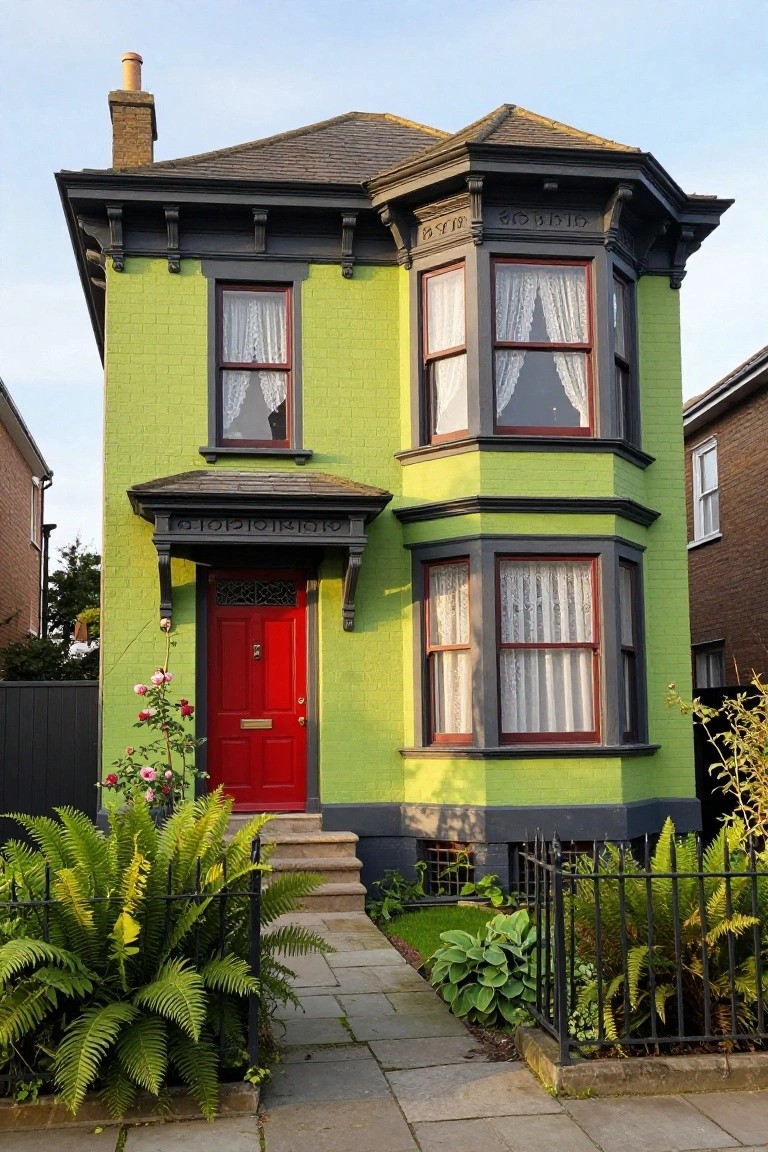 Two-story lime green Victorian house with black trim, red front door, white curtains in windows, ferns and roses in front garden, and iron fence along stone path.